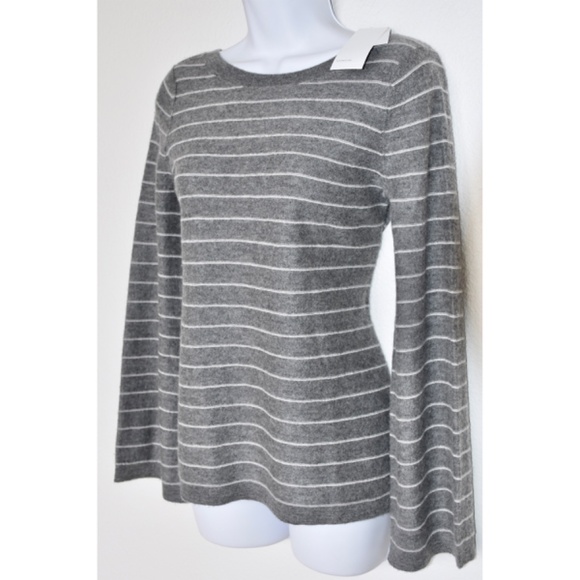 VINCE NWT 100% CASHMERE STRIPED BELL SLEEVE HEATHER STONE/STERLING SWEATER. S - Picture 10 of 15